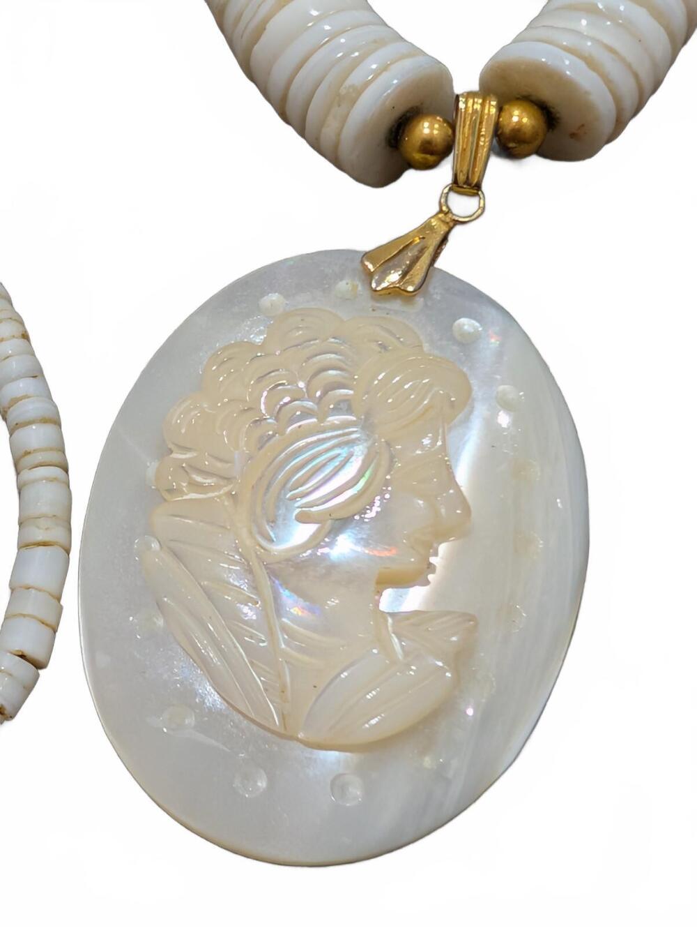Vintage Carved Mother of Pearl Cameo Pendant Necklace with White Beaded Chain